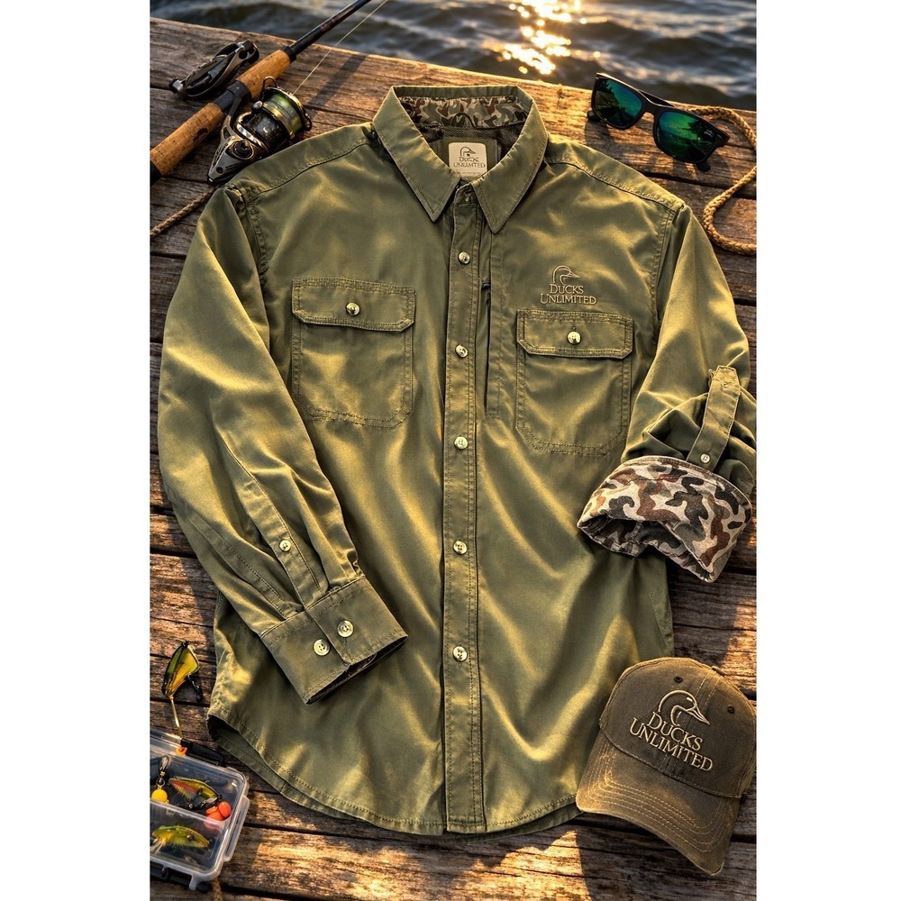Ducks‎ Unlimited 2XL Olive Fishing Shirt Vented Performance Camo Trim